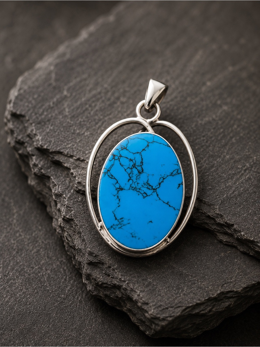 💙 Large Vintage Genuine Turquoise Sterling Silver Oval Pendant + 18” Snake Chain